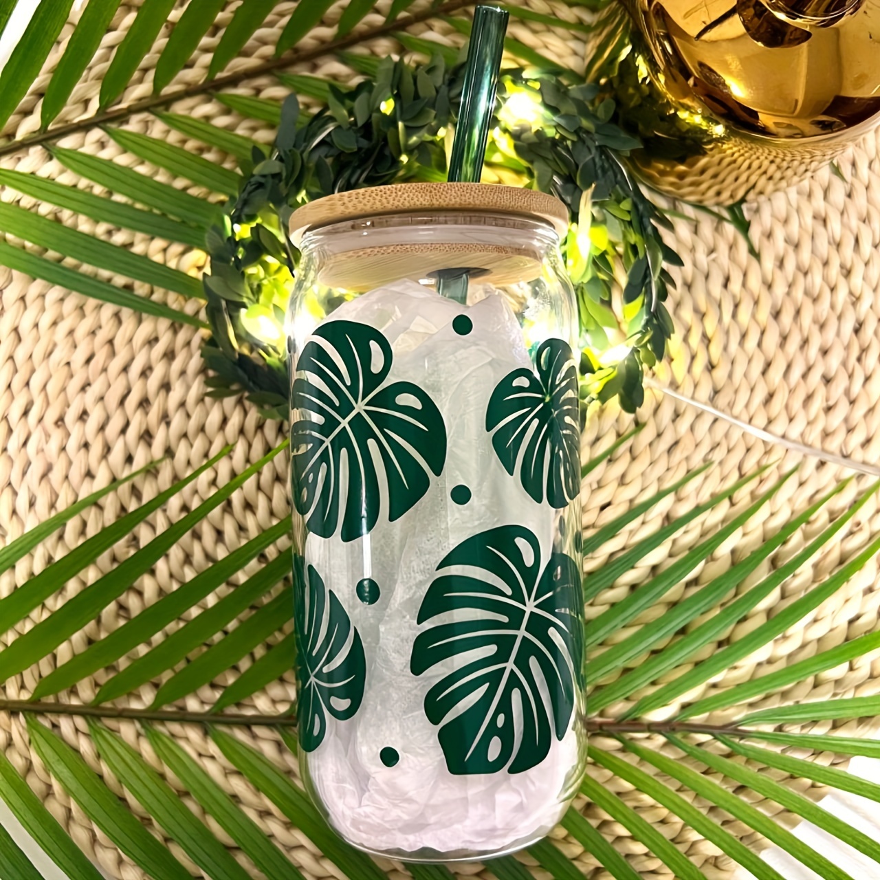Botanical Tropical Leaves Glass Can with Bamboo Lid and Glass Straw