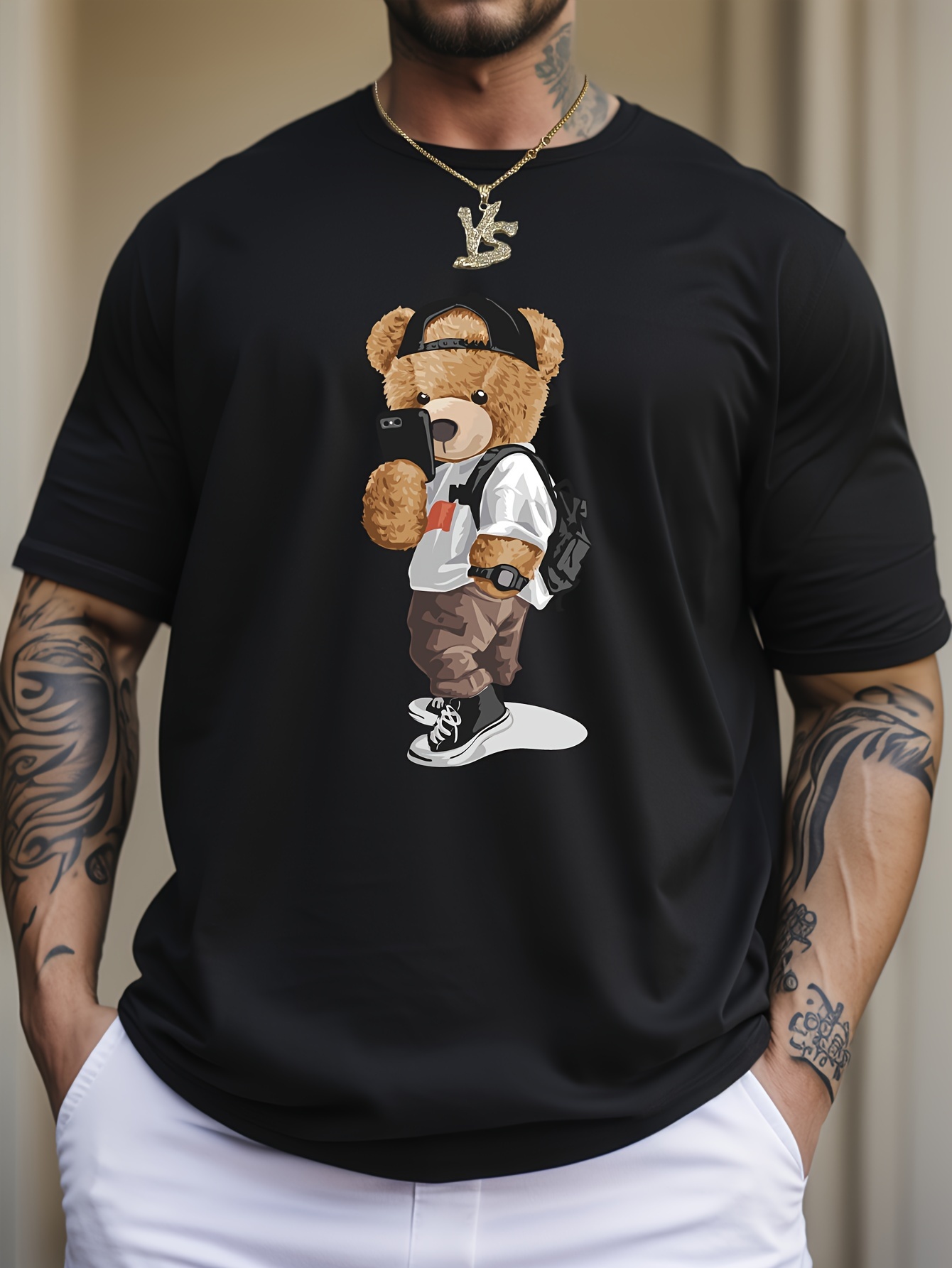 cartoon teddy bear print mens graphic design crew neck t shirt casual comfy tees tshirts for summer mens clothing tops for daily vacation resorts black 0