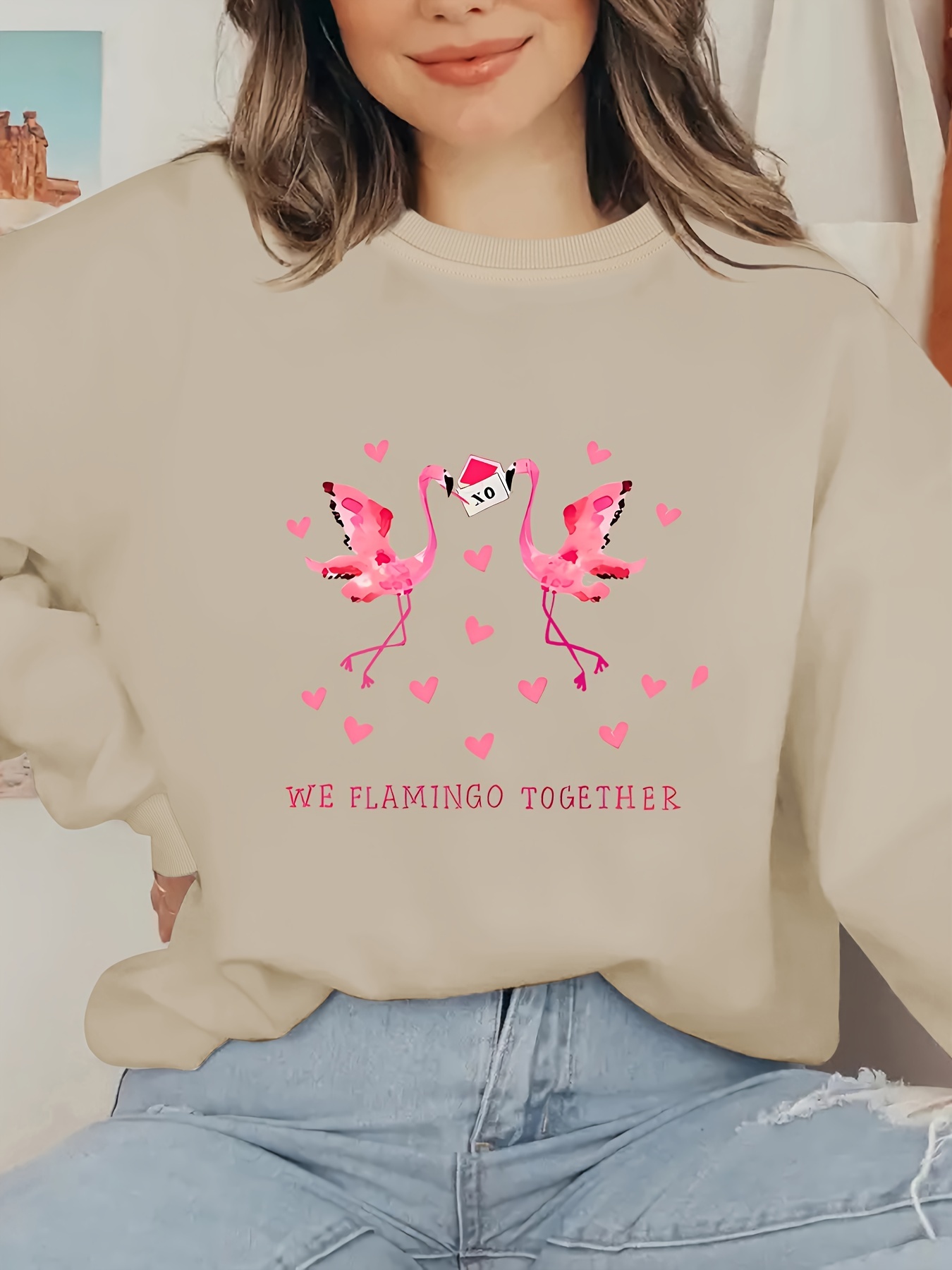 Flamingo Print Sweatshirt Plus Size Casual Long Sleeve Crew - Temu