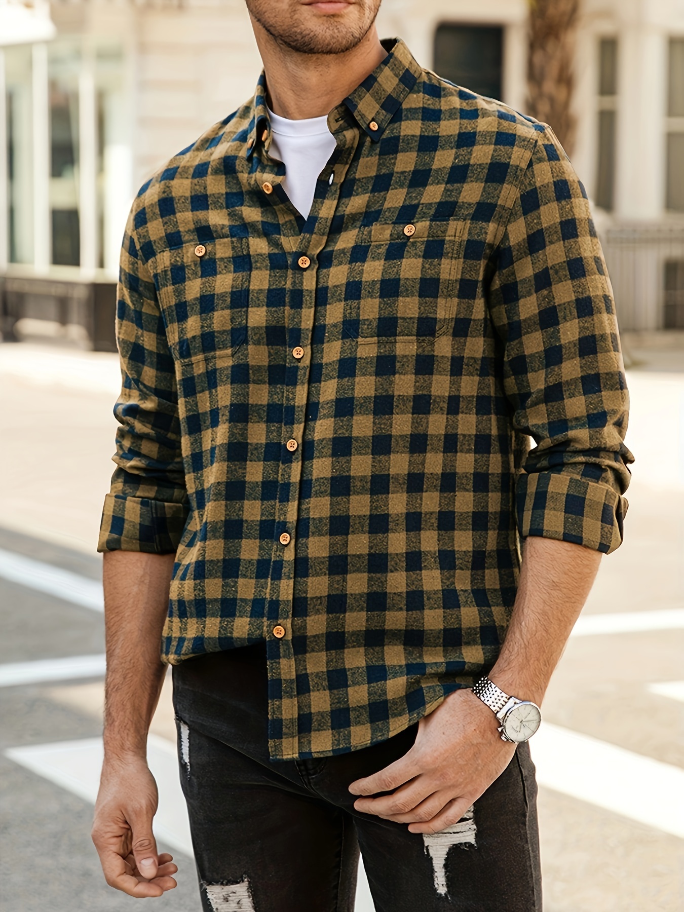 Big Plaid Pattern Men's Fashion Long Sleeve Button Shirt - Temu Canada