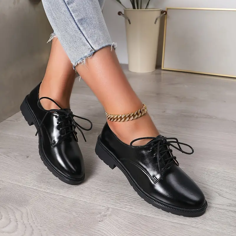 womens lace up loafers all match black flat commuter shoes casual business work shoes details 0