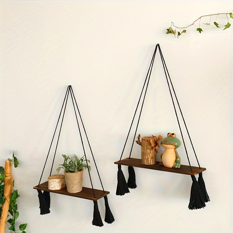 Boho Style Hanging Shelves 2/3 Tier Rustic Wood Floating - Temu