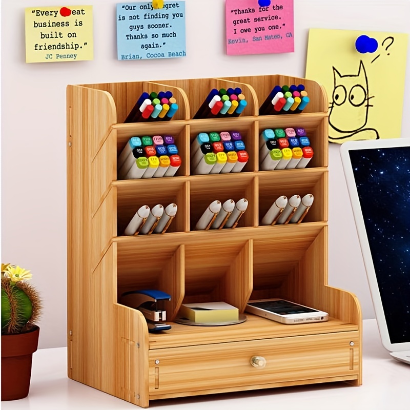 Organizador de almacenamiento de escritorio de madera vintage para oficina  y hogar, escritorio ordenado con control remoto, soporte para lápices