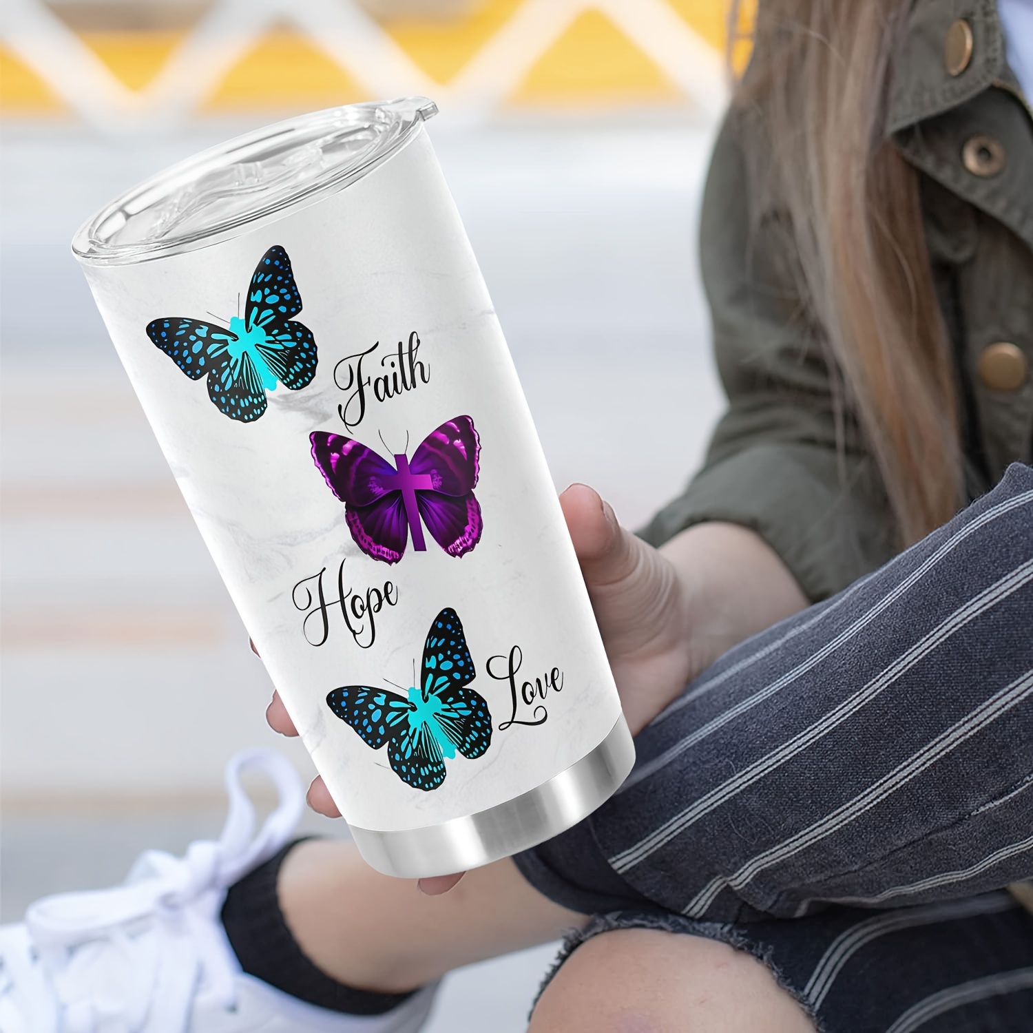 1pc butterfly printed 20oz stainless steel tumbler double wall vacuum insulated travel mug with lid reusable bpa wash only animal theme with lid for adults ideal for holidays easter halloween christmas hanukkah thanksgiving details 6