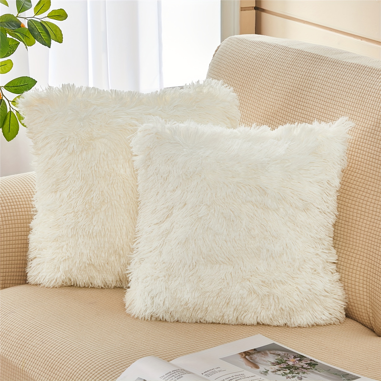 Very Soft and Comfy Plush Long Faux Fur 18 x 18 Throw Pillows, 2