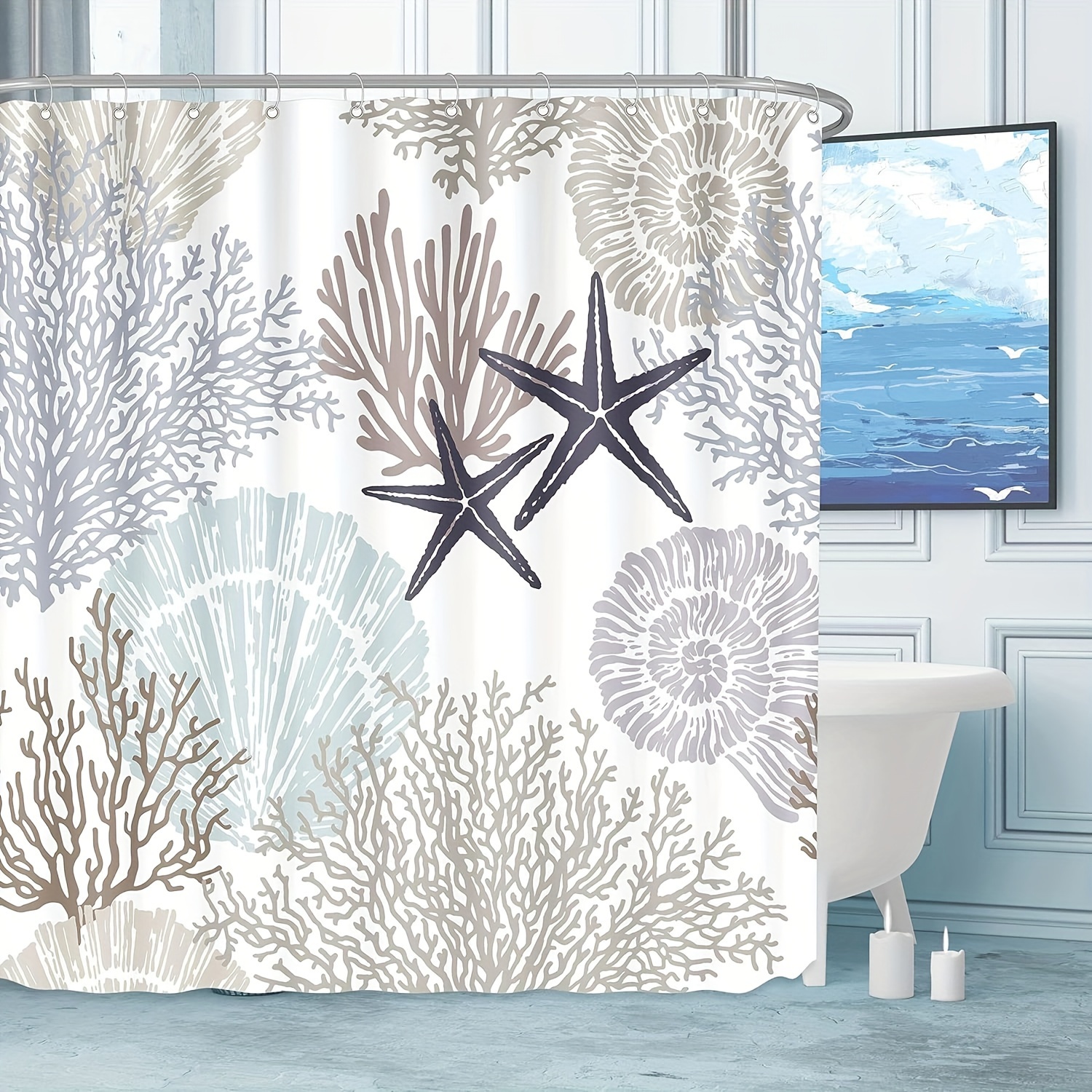 Starfish Seashell Coral Print Shower Curtain Waterproof - Temu