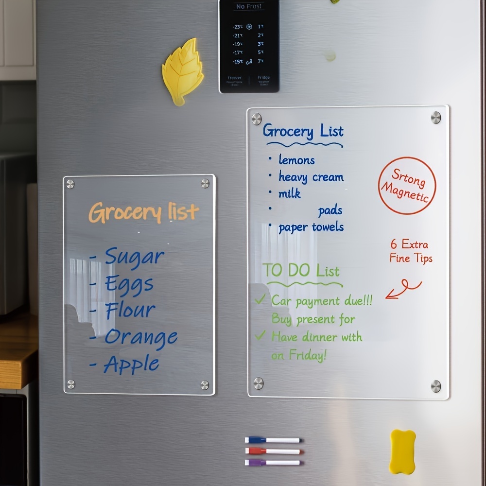 Tablero de notas para refrigerador, pizarra magnética transparente de 15 x  11 pulgadas, incluye 4 marcadores de borrado en seco (blanco)