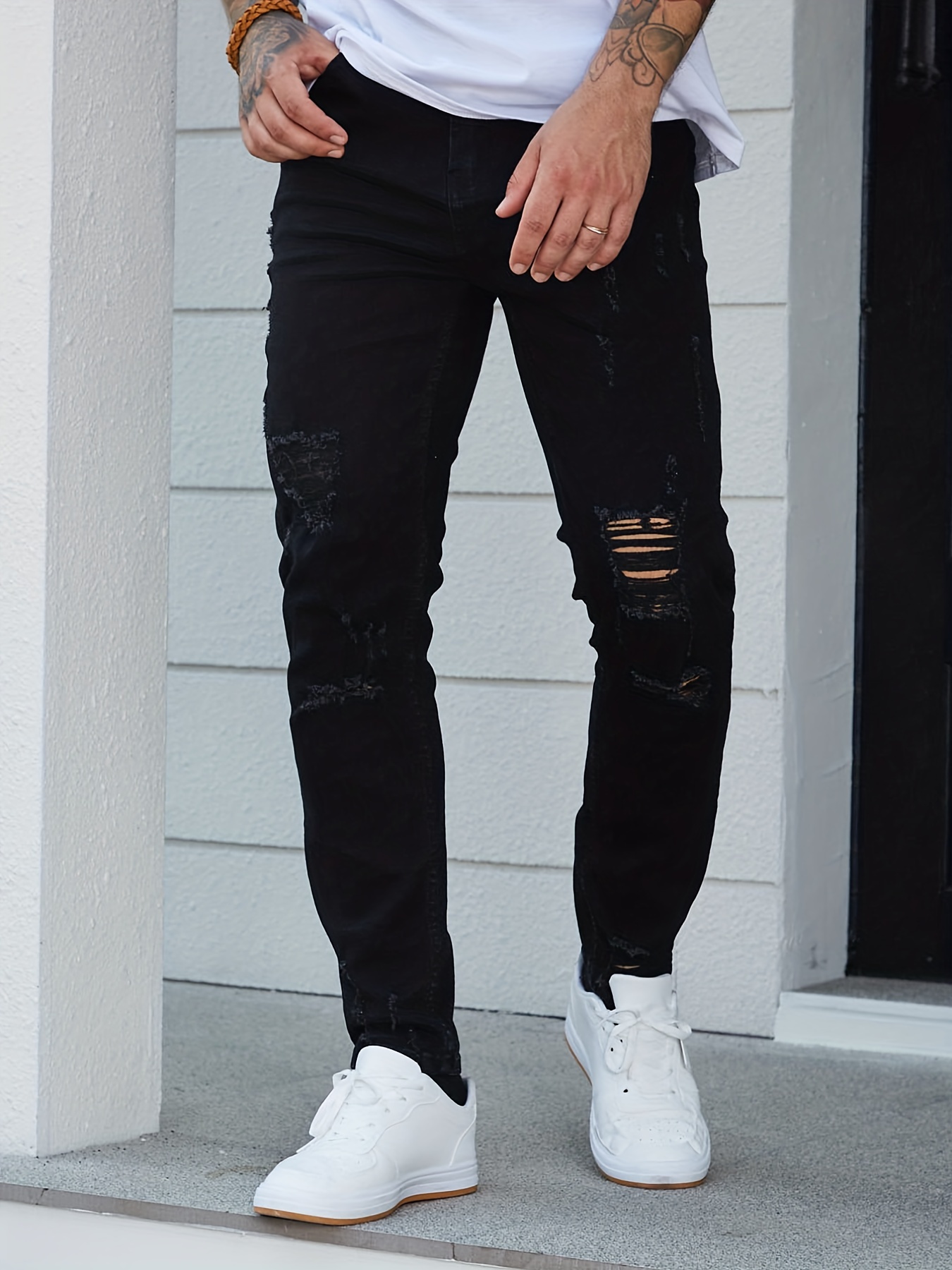 Slim Fit Ripped Cotton Jeans Men's Casual Street Style - Temu
