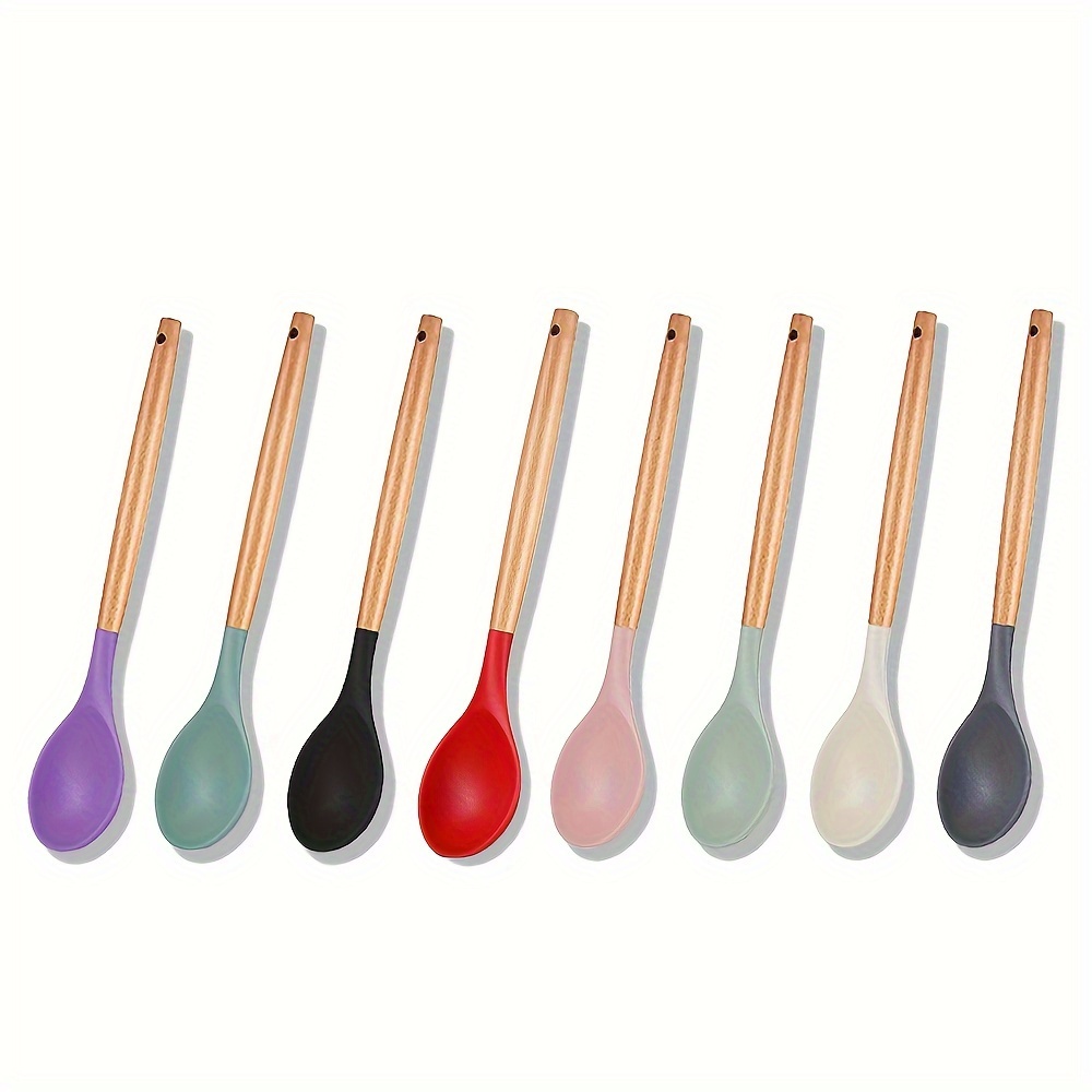 

1pc, Silicone Nonstick Mixing Spoon, Kitchen Cooking Spoon, Serving Spoon With Wooden Handle Heat Resistant Utensil Spoons For Mixing, Baking, Serving And Stirring