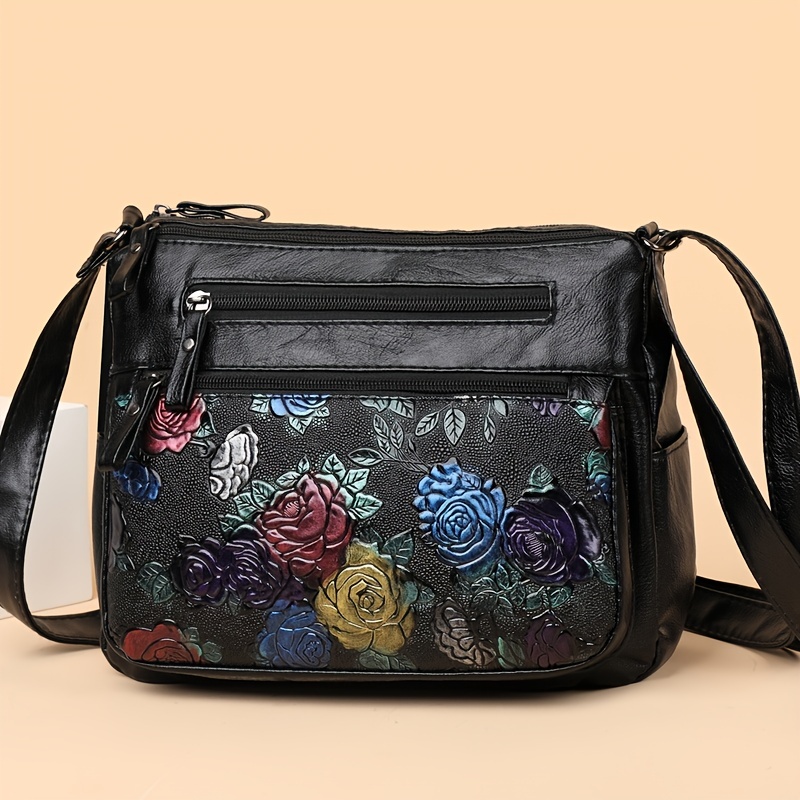 Flower Pattern Crossbody Bag, Fashion Zipper Shoulder Bag, Casual