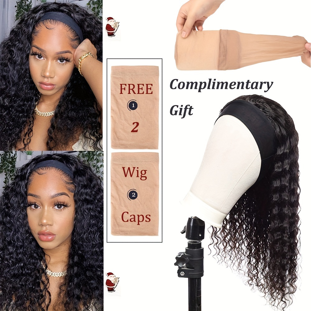 Human Hair Headband Wig Deep Wave Wigs for Black Women Human Hair None Lace  Front Wigs Human Hair 12 Inch Machine Made Gluless Headband Wigs Curly