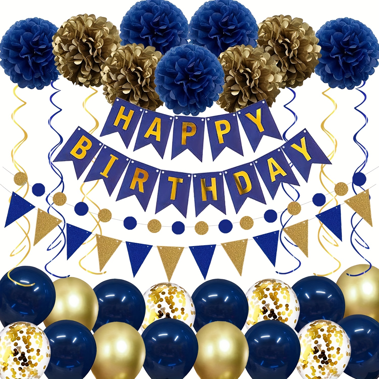 

34pcs, Navy Blue Silvery Birthday Decoration, Party Supplies For Happy Birthday, With A Happy Birthday Banner, Tissue Paper Flower Ball, Triangle Flag, Dot Rope, Latex Balloon