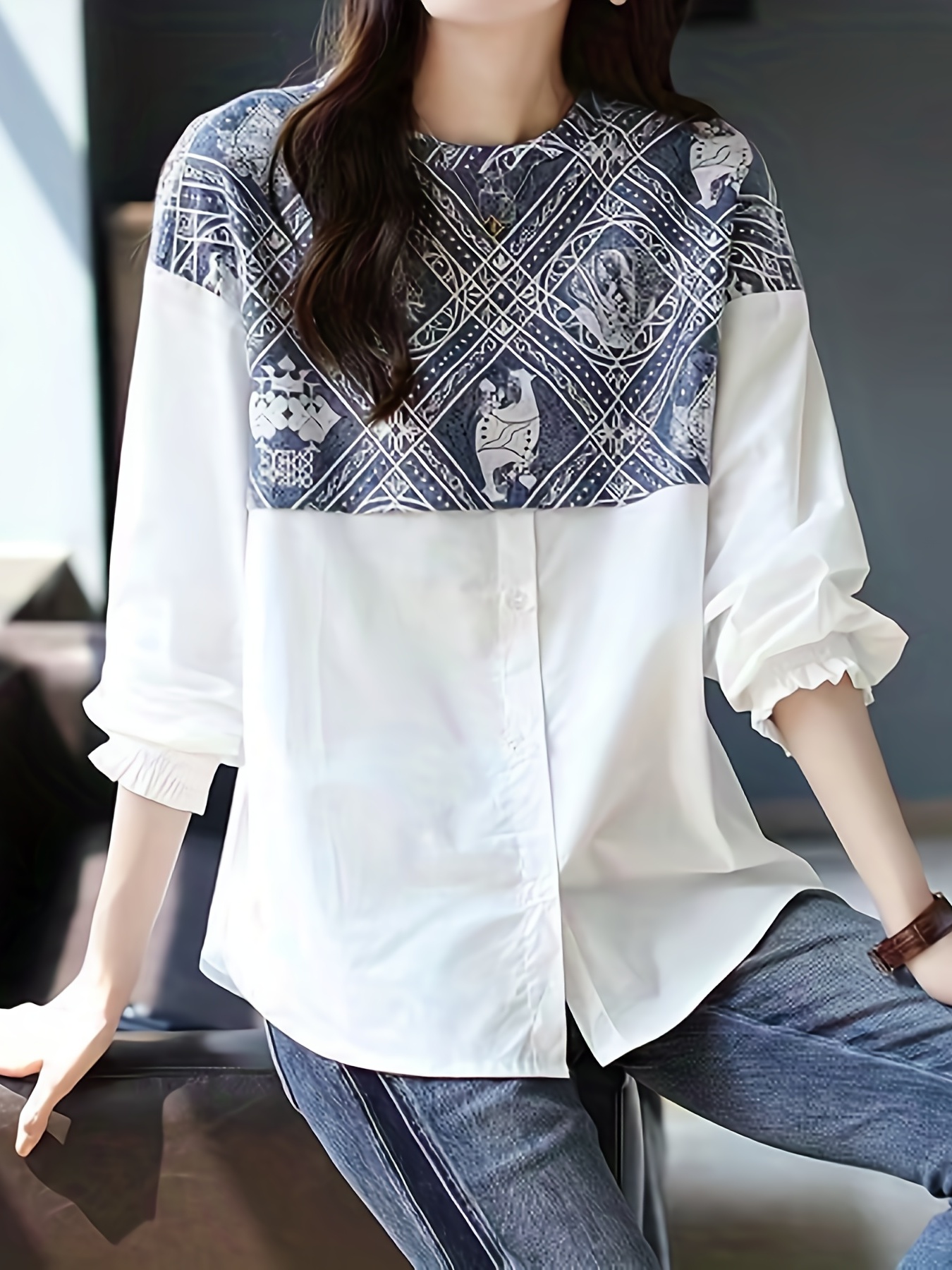 patchwork print blouse