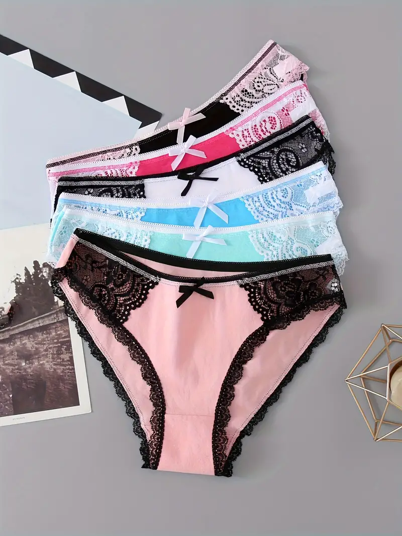 Bow Contrast Lace Bikini Panties Comfy Colorblock Elastic - Temu Canada