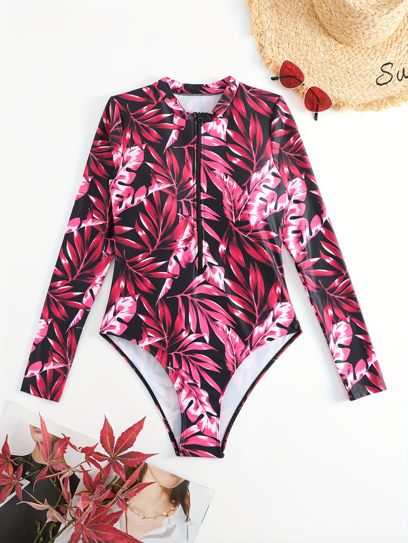 Tropical Print One Piece Swimsuit, Round Neck Zip Front Tummy Control Long  Sleeves High Cut Bathing Suit, Women's Swimwear & Clothing