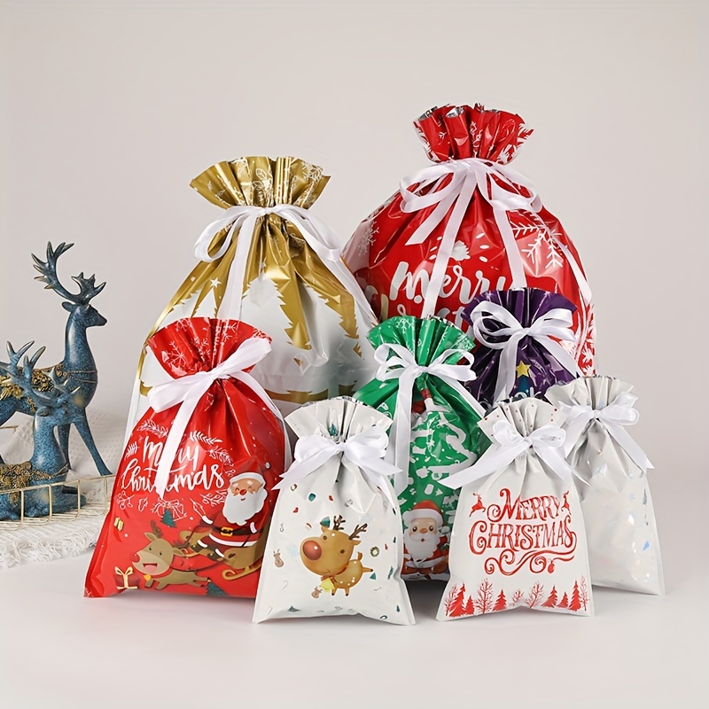 10 bolsas de tela de algodón con temática navideña, bolsa de caramelos,  bolsas con cordón, para decoración de regalo de aperitivos de fiesta de