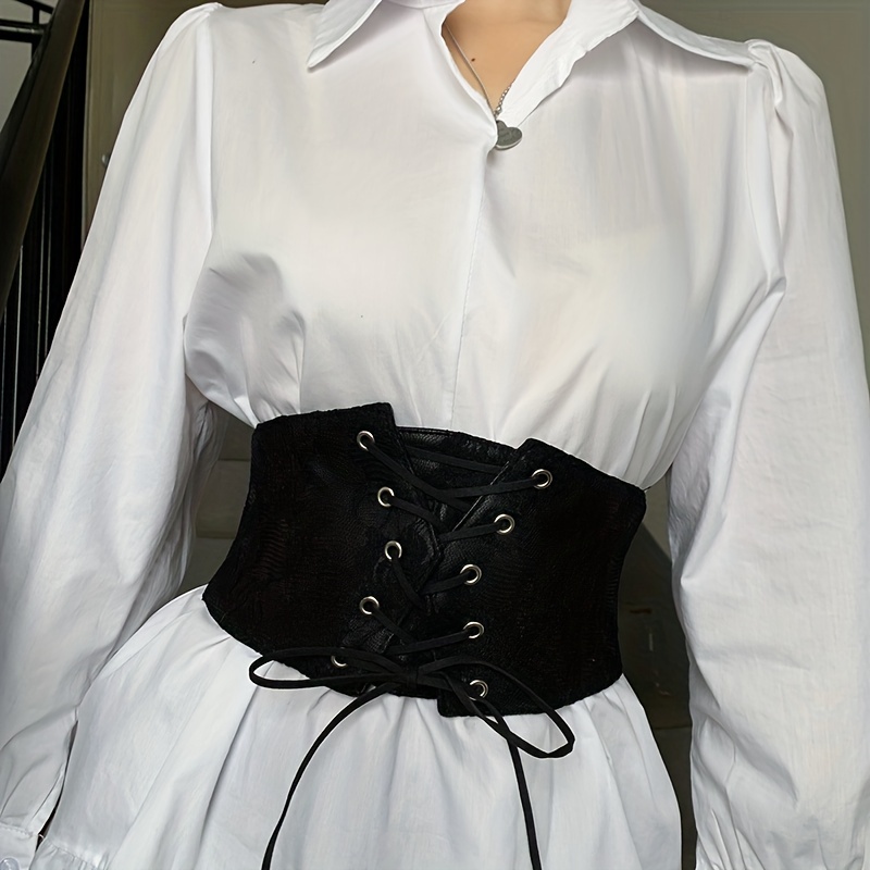 Gothic Lace Up Wide PU Belt Black Punk Bowknot Elastic Corset Waspie Belt  Vintage Dress Coat Girdle For Women