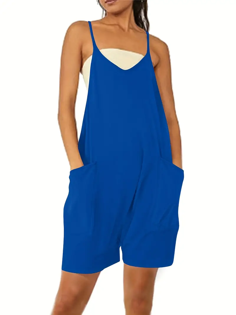 V Neck Sleeveless Romper, Solid Casual Pocket Jumpsuit For Summer & Spring,  Women's Clothing