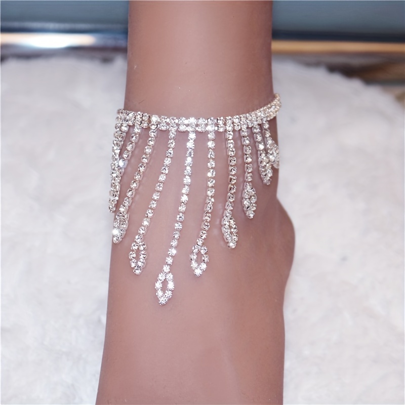 

Long Rhinestone Tassel Chain Anklet Elegant Copper Foot Jewelry Decor For Women