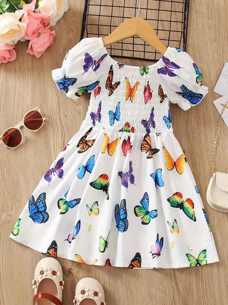 toddler girls puff sleeve frill trim shirred colorful butterfly graphic princess dress for party beach vacation cute romantic kids summer clothes details 22