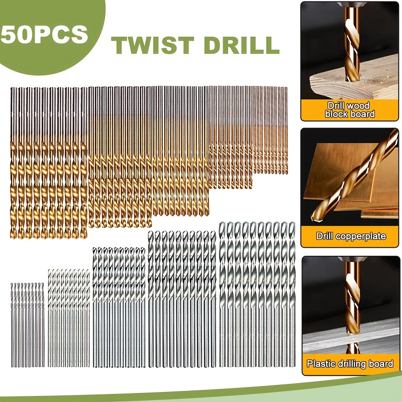 

50pcs 1/1.5/2/2.5/3mm (0.04/0.06/0.08/0.12in) Hss Titanium Coated Drill Bits Set High Speed Steel Tools With Electric Drills For Cutting Wood, Plastic