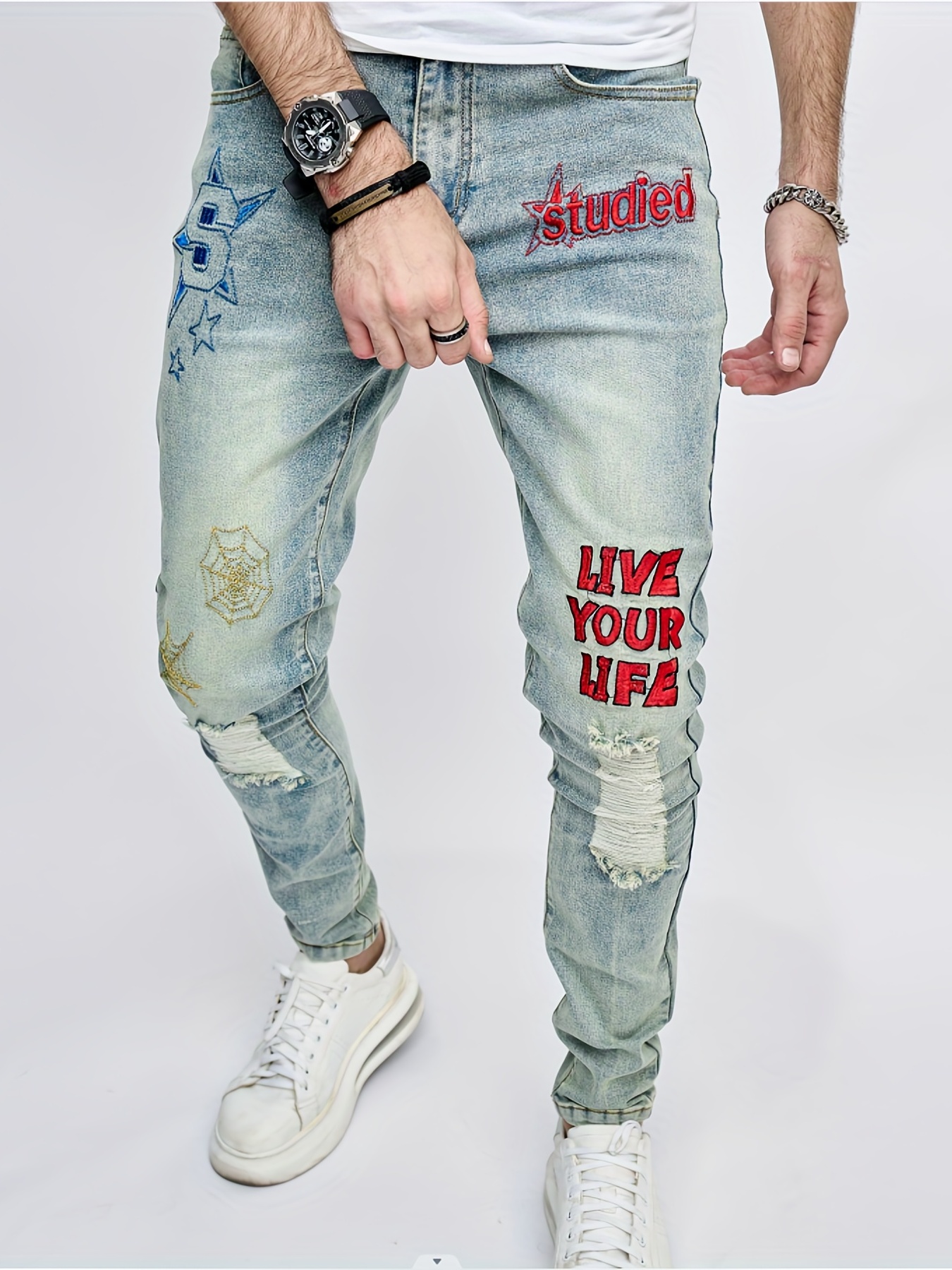 Slim Fit Ripped Jeans, Men's Casual Street Style Distressed Medium Stretch  Denim Pants For Spring Summer
