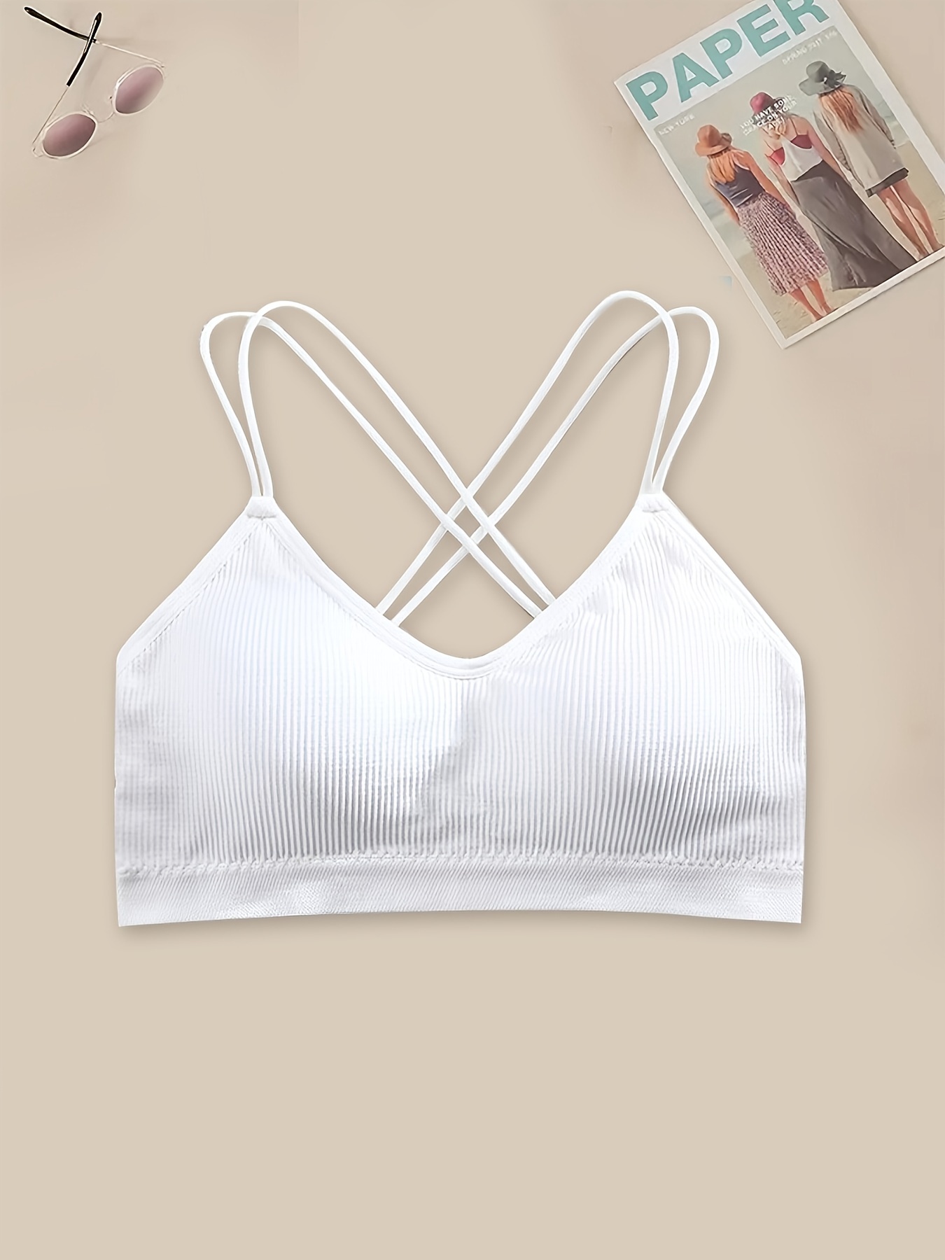 Solid Ribbed Wireless Bras Comfy Breathable Criss Cross Back