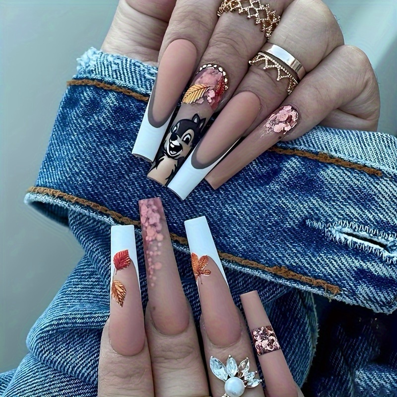 Glitter Press On Nails Long Coffin Fake Nails With - Temu