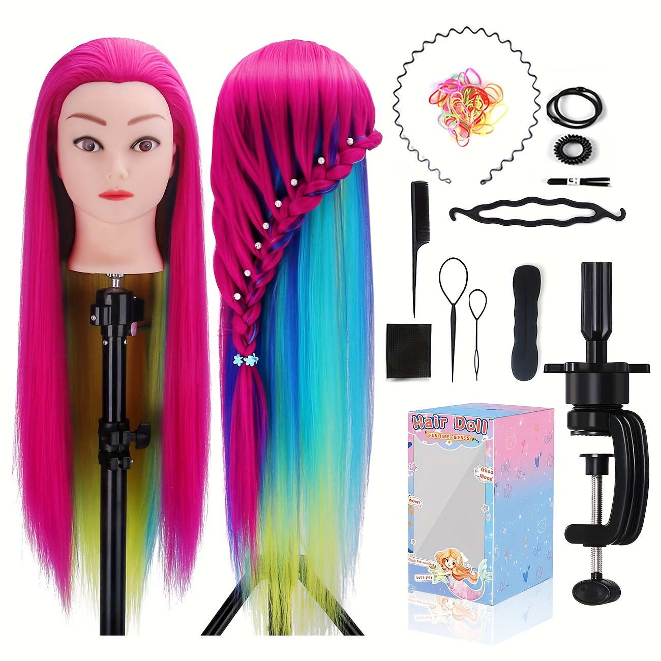 

Training Head, 29 Inches Colorful Hair Mannequin Manikin Head Cosmetology Doll Head Practice Styling Hairdressing Training Braiding Heads With Clamp Holder And Tool Set
