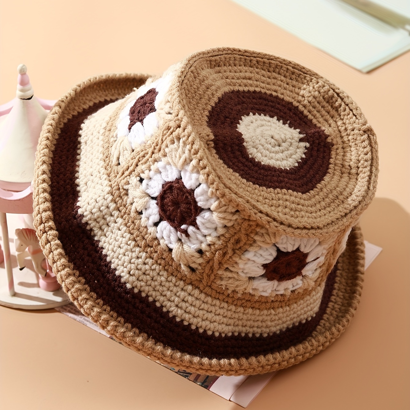Classic Boho Crochet Bucket Hat Vintage Color Block Flower - Temu