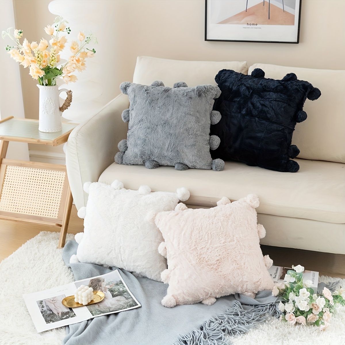 Boho Faux Fur Plush Throw Pillow Covers Cream White luxury - Temu