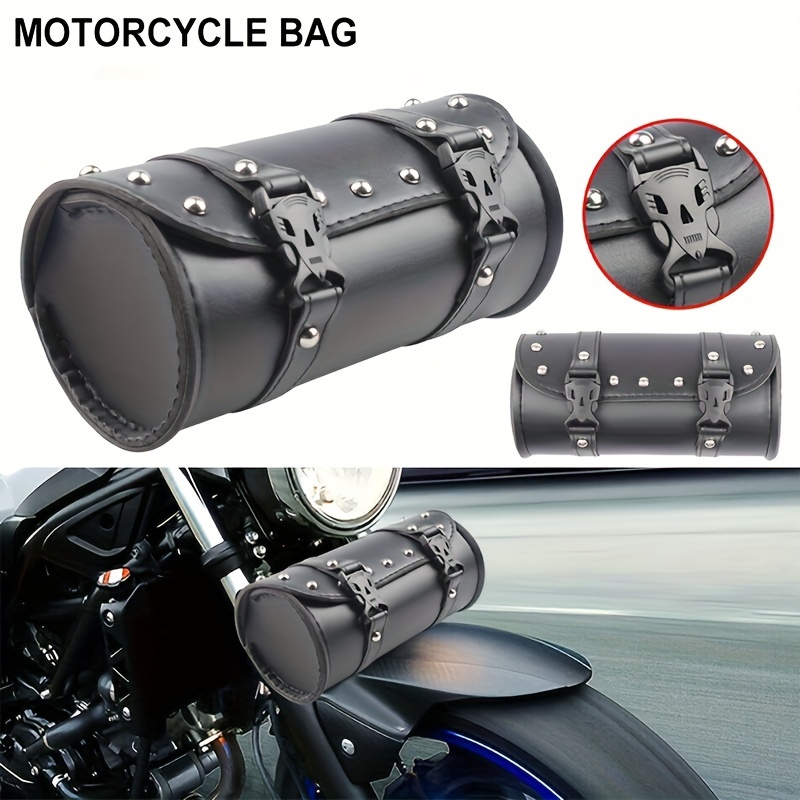 1pc Black Universal Leather Motorcycle Tool Bag Fork Handlebar Roll Barrel  Pouch