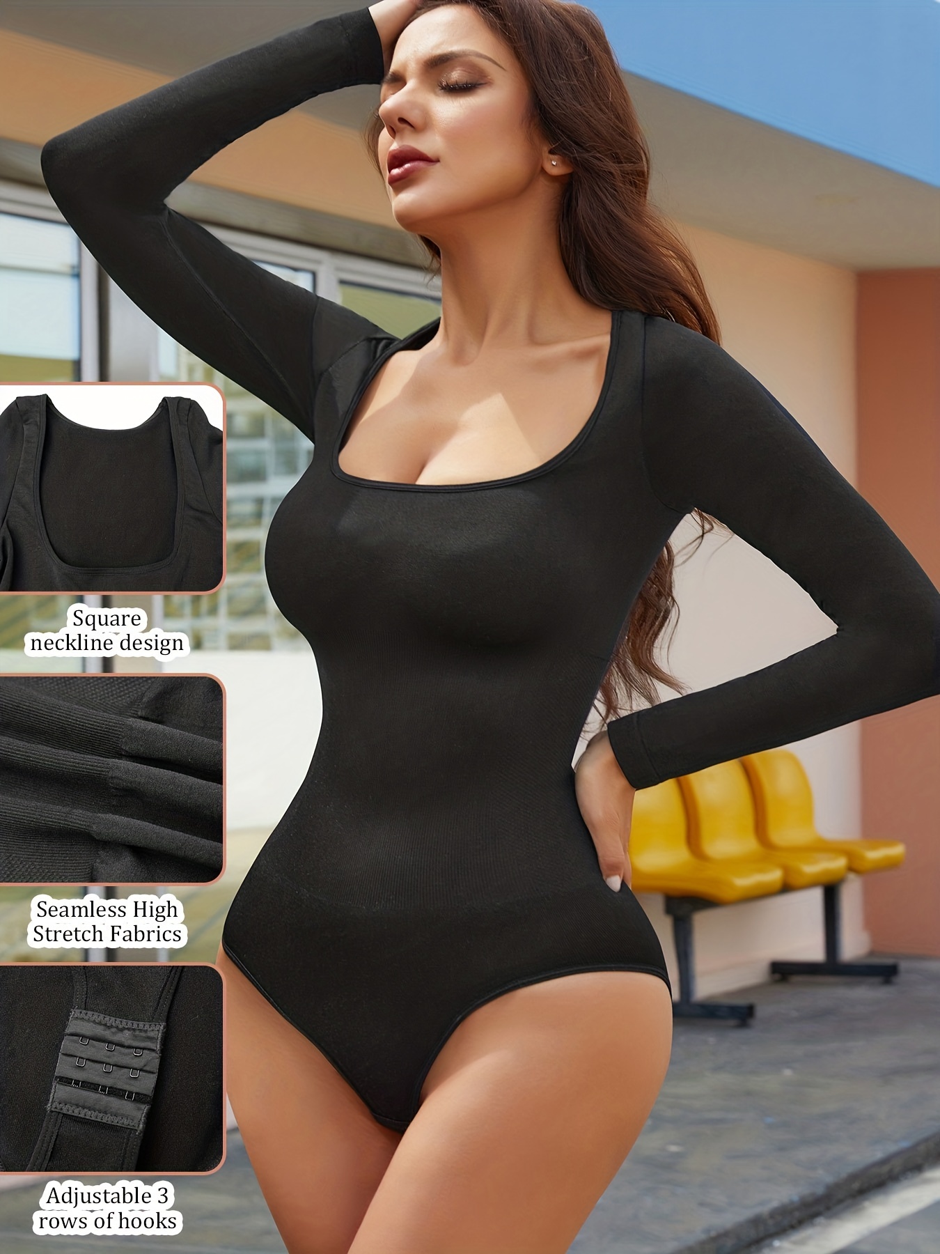 Seamless Solid Shaping Bodysuit Long Sleeve Tummy Control - Temu Canada