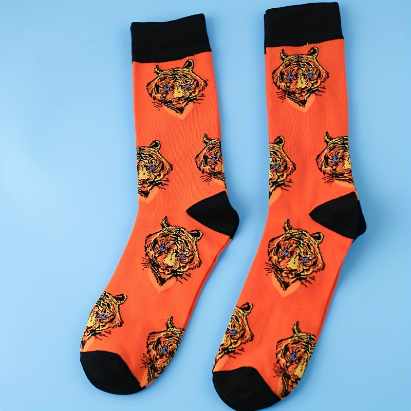 Men's Trendy Tiger Pattern Crew Socks Breathable Comfy - Temu