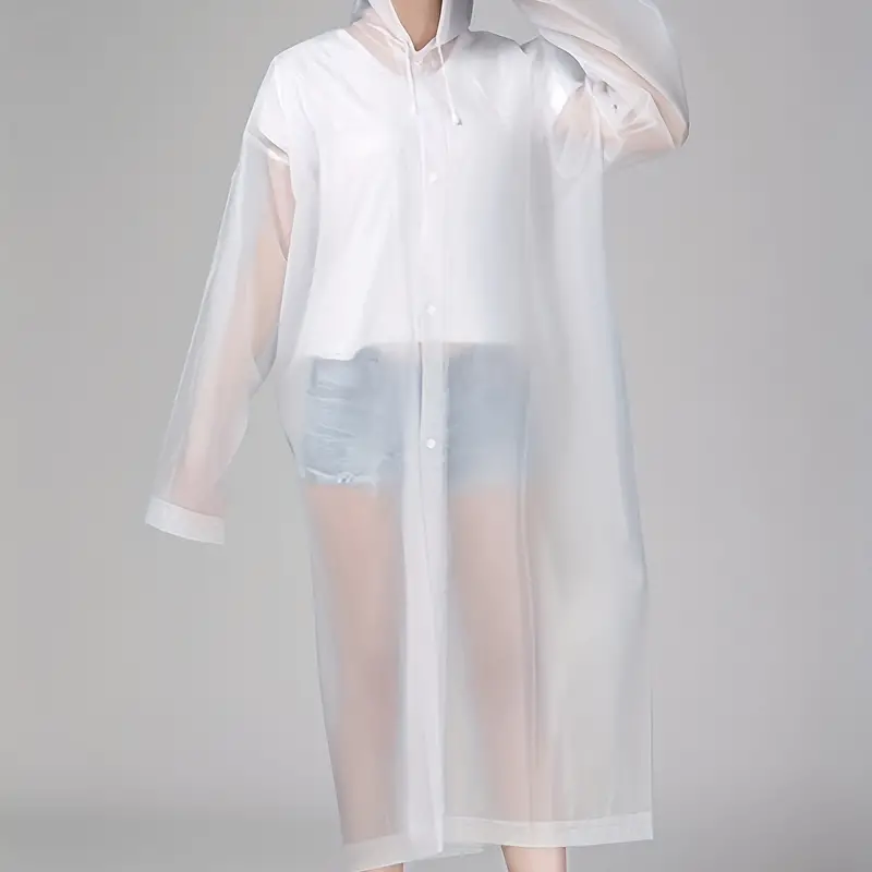 white reusable rain pancho for traveling washable drawstring button down waterproof rainwear hooded coat details 2