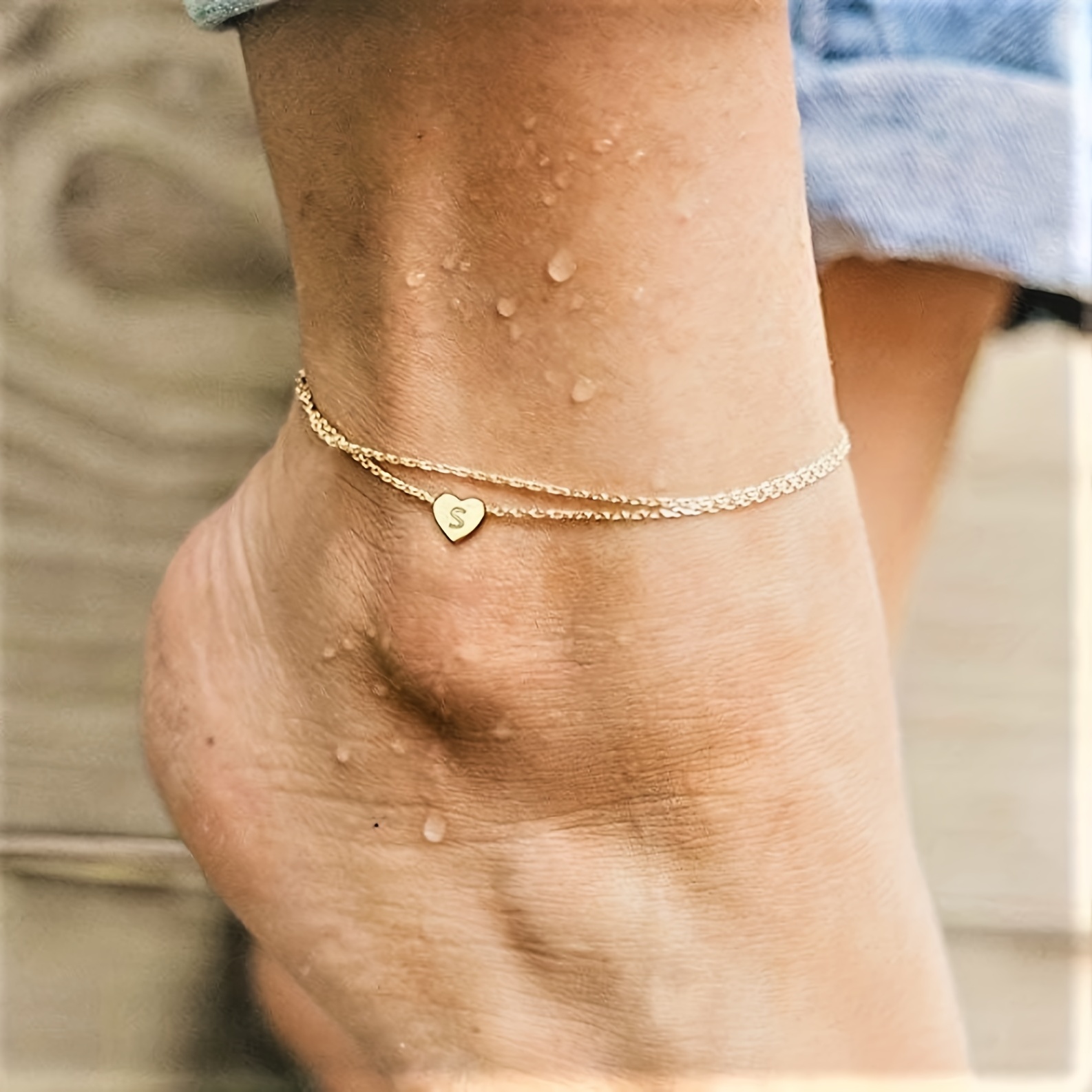 14K Gold Plated Ankle Bracelet with Initial Letter