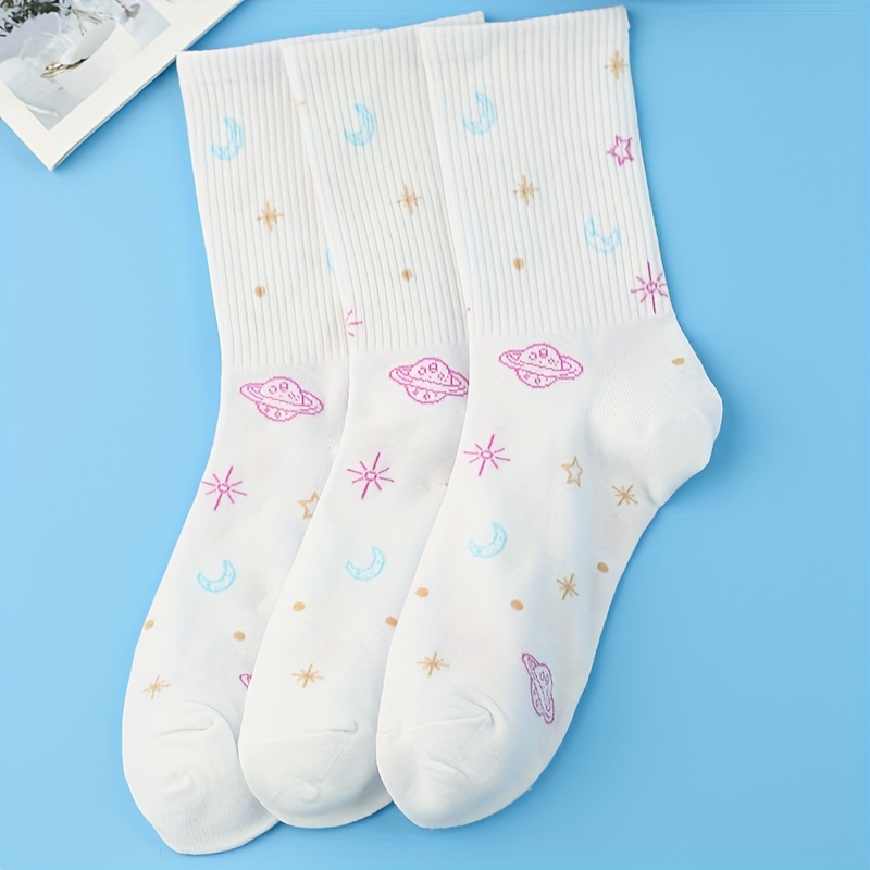 1 2 3 Pairs Planet Print Comfy & Mid Tube Socks