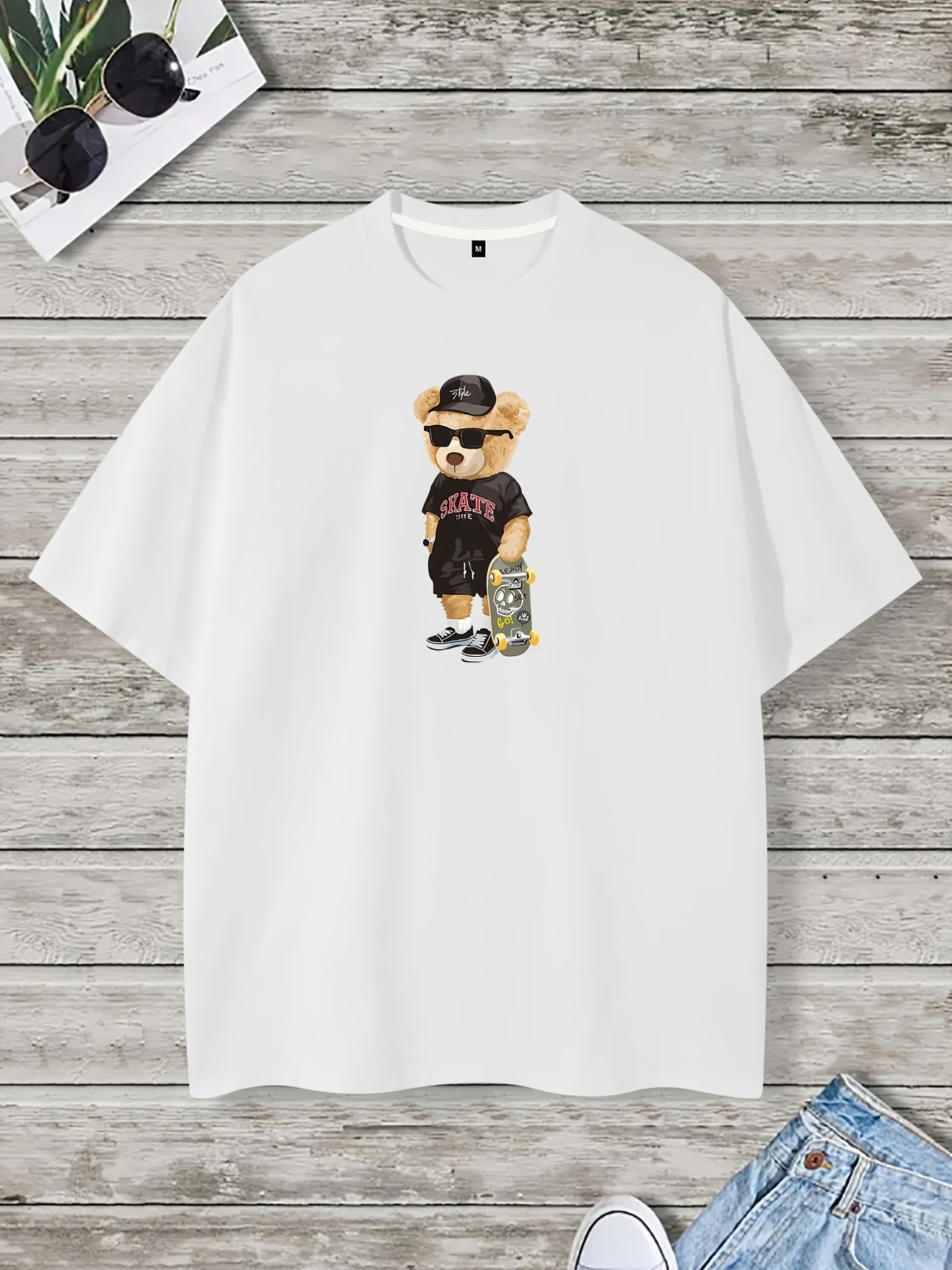 Teddy Bear Skateboard Print Men's Outfits Casual Crew Neck - Temu