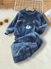 2pcs boys comfy fleece outfit cat embroidered sweatshirt pants set kids clothes for fall winter as gift details 0