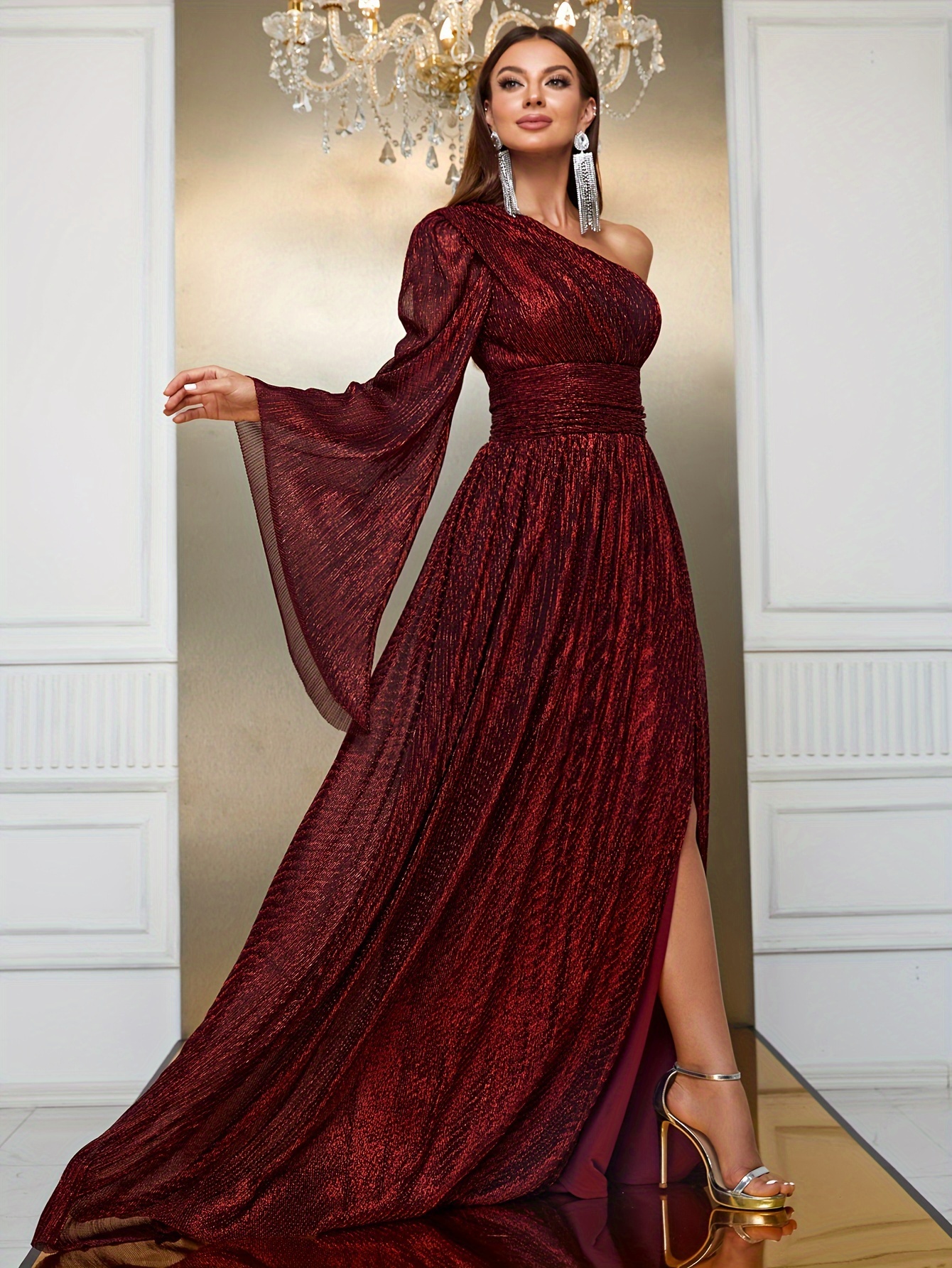 One shoulder Cape Sleeve Dress Skew Neck A line Floor Length