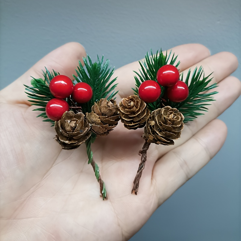 10Pcs Red Berry Stems Pine Branches Mini Artificial Pine Cone