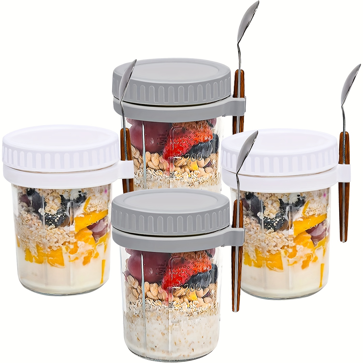 4Pack Overnight Oats Jar Glass With Lids And Spoons, Reusable