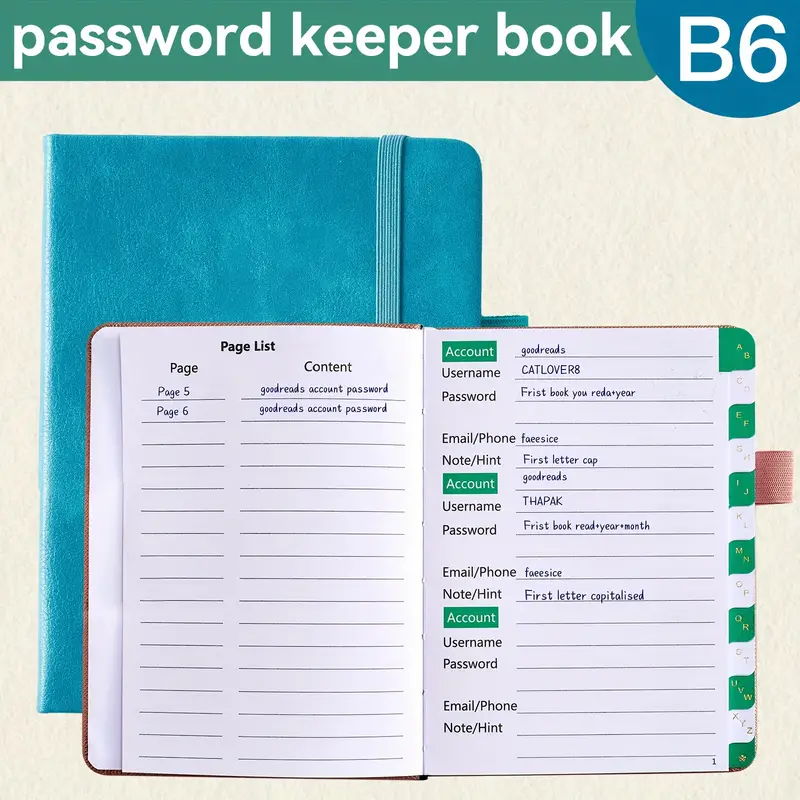 B6 Libro Password Schede Alfabetiche. Libro Dimensioni Medie