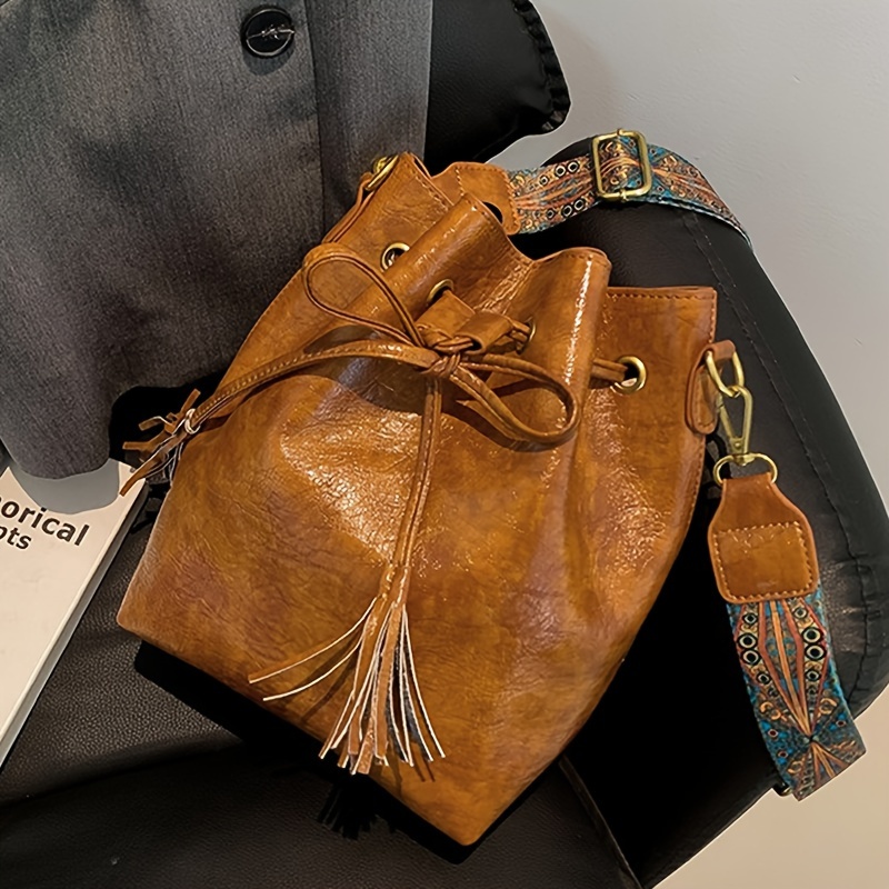 Geometric Pattern Drawstring Bucket Bag, Women's Wide Strap Shoulder Bag,  Trendy Crossbody Purse For Work - Temu