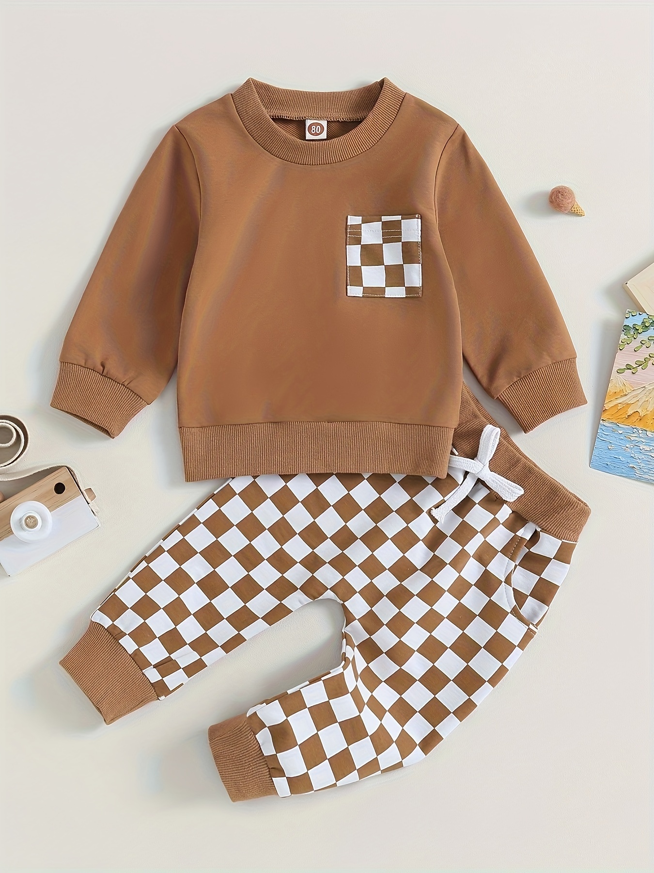 2pcs Baby Infant Boys Casual Checkerboard Long Sleeve Onesie Pants