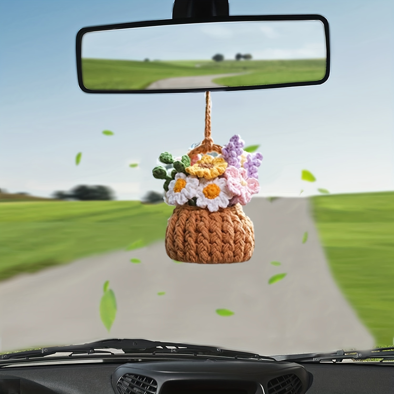 Cute Potted Plant Crochet, Hand Woven Car Decorative Rearview Mirror  Accessories Rearview Mirror Decoration Car Interior Hanging Parts (Flower)