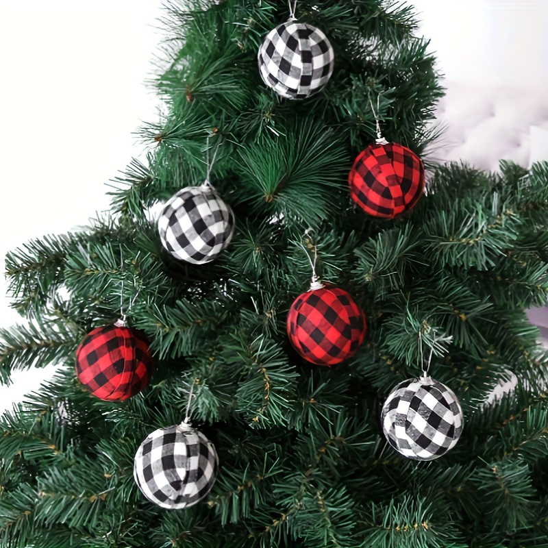6pcs Christmas Plaid Ball Ornaments - 3 Inch Black & Red Buffalo