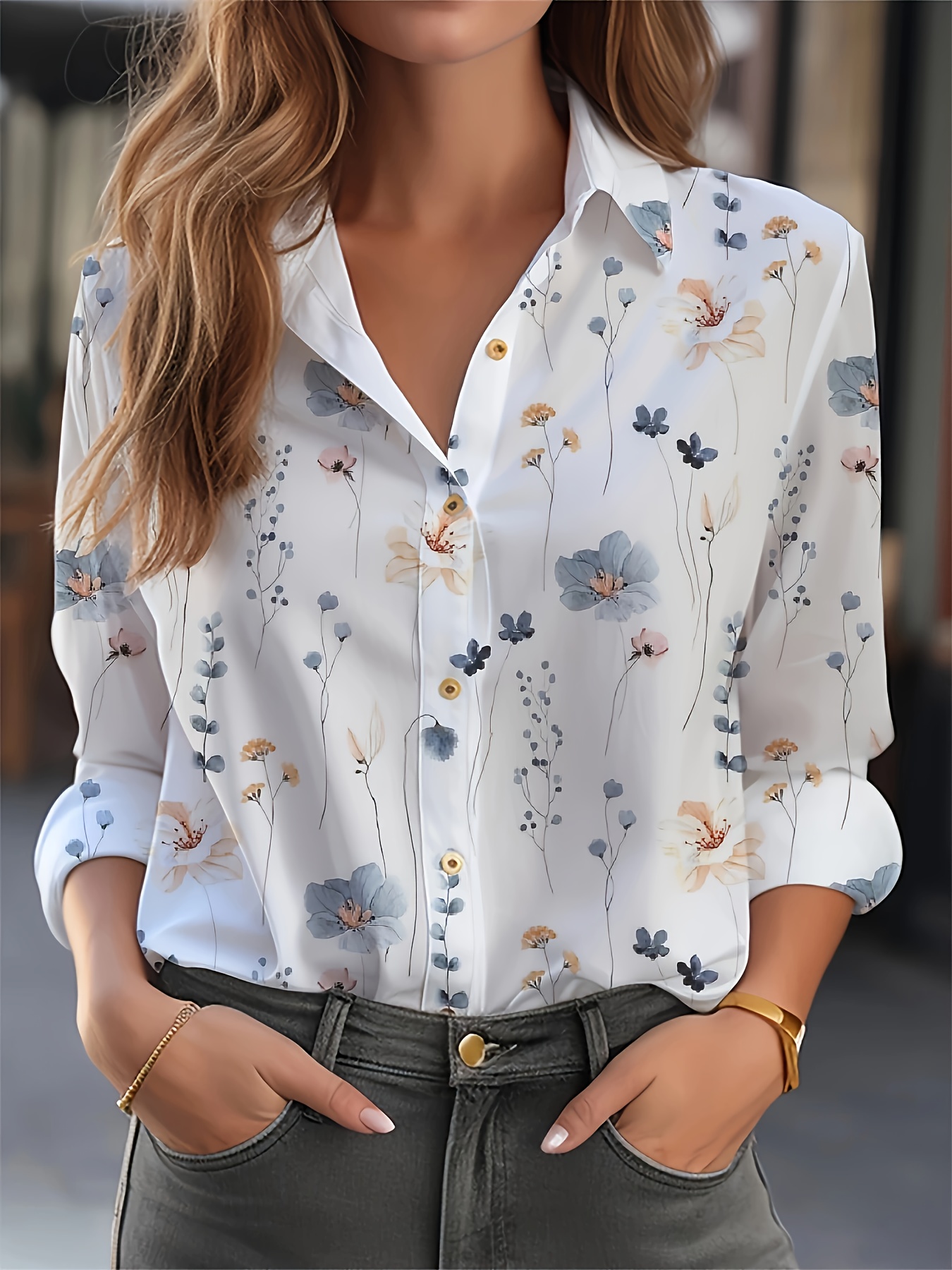 Floral Print Button Shirt Casual Flat Collar Long Sleeve Top - Temu