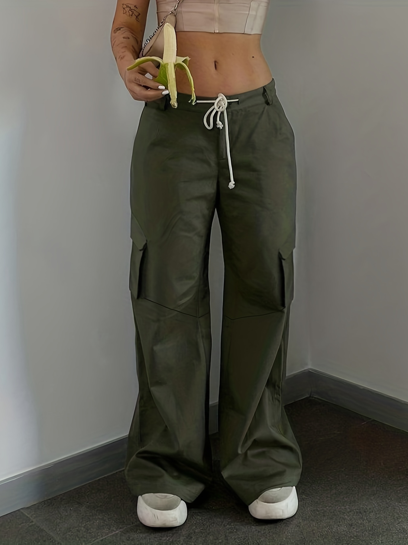 Y2k Drawstring Cargo Pants Elastic Waist Baggy Pants Pockets - Temu