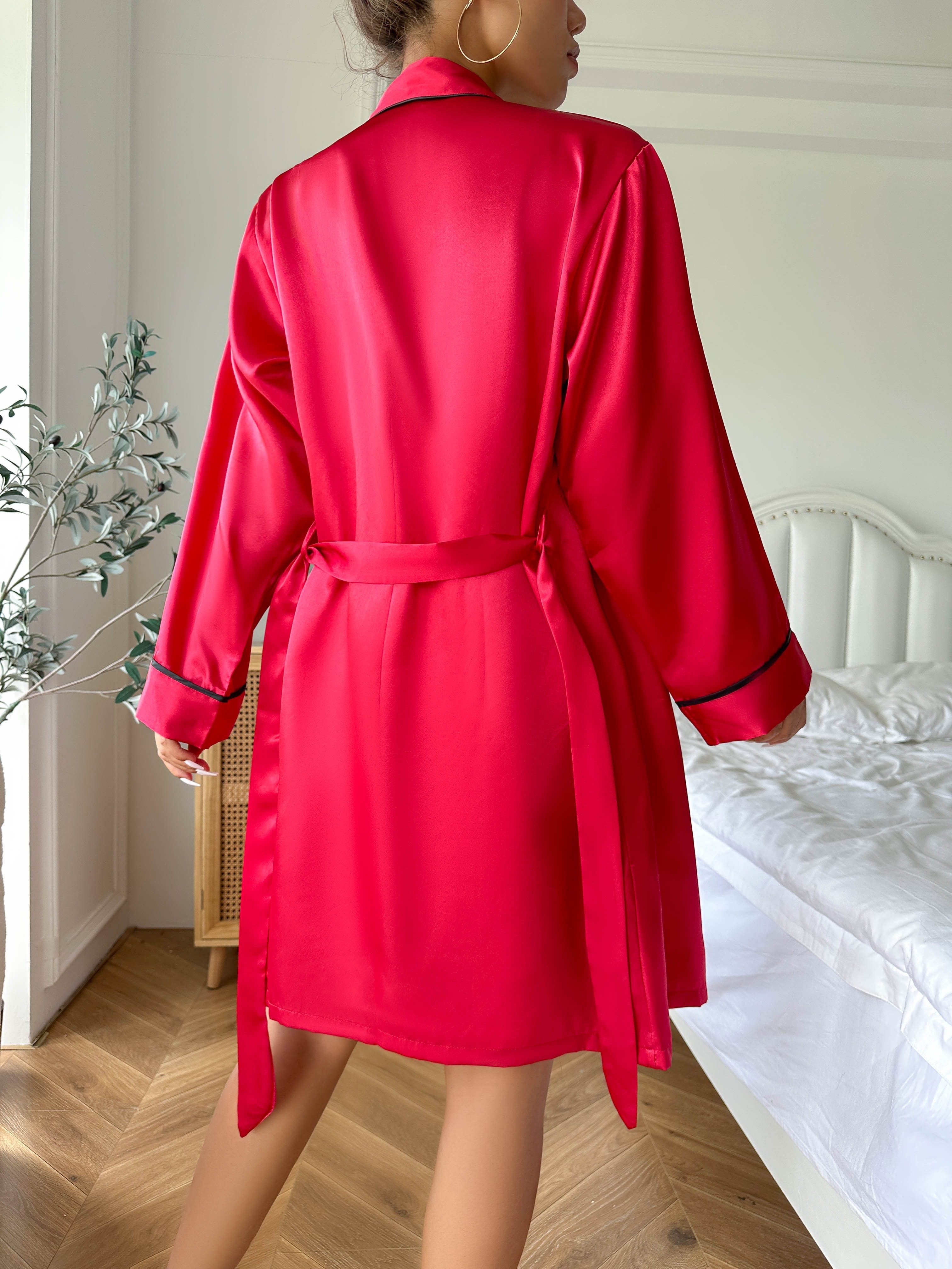 Simple Satin Pajama Set Long Sleeve Robe Belt V Neck Cami - Temu
